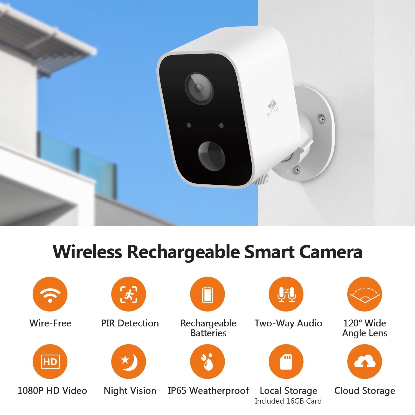 Z-Edge Smart Wireless Solar Security Camera 3 Pack, 16GB Camera, 2