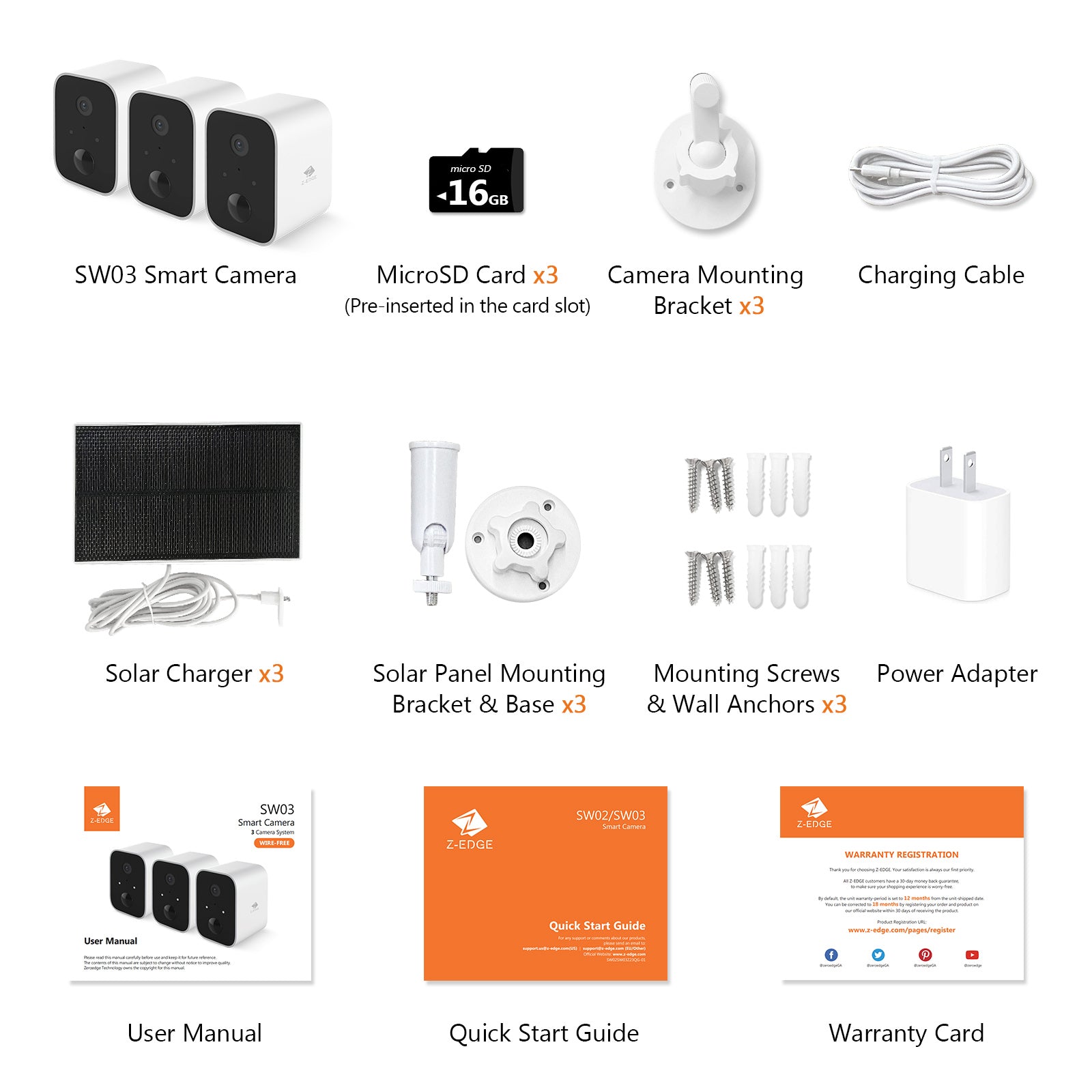 Z-Edge Smart Wireless Solar Security Camera 3 Pack, 16GB Camera, 2-Way Audio, Full HD 1080P, Weatherproof, Night Vision