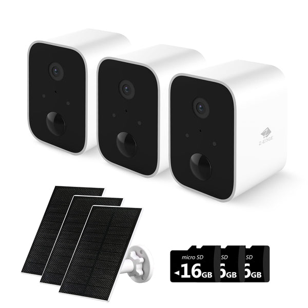 Z-Edge Smart Wireless Solar Security Camera 3 Pack, 16GB Camera, 2