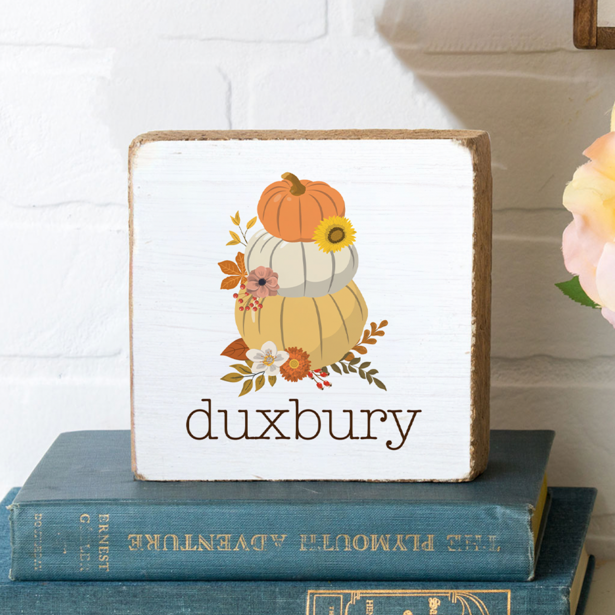 Stacked Muted Pastel Pumpkins Personalized Wood Block
