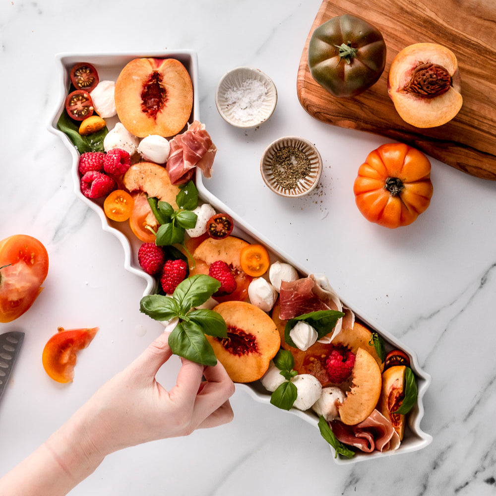 California State Plate, CA State Plate shownw with peaches and charcuterie cured meat for appetizer dish. App tray. California serving dish.
