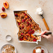 Georgia State Plate with peach pie. GA State plate is safe for food, cooking, and the oven. GA pie plate. GA dessert dish. Georgia dessert bakeware. Georgia kitchen dish. Georgia gift. 