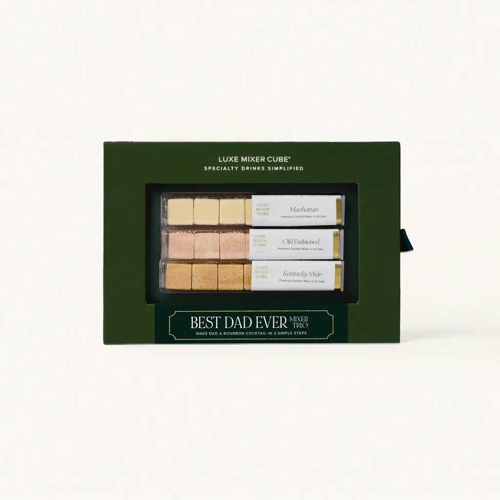 Luxe Mixer Cube gift set in a green box with 'Best Dad Ever' text on a white background