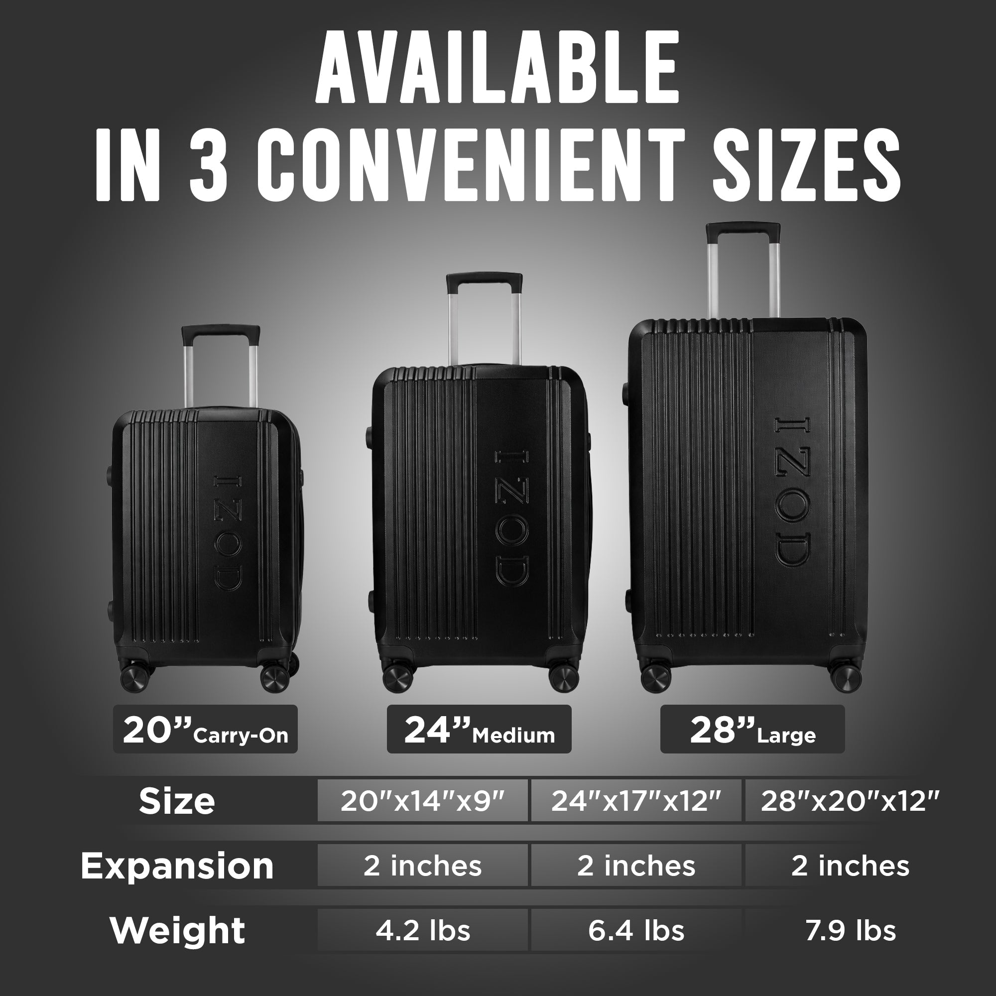 IZOD Zane Expandable ABS Hard Shell Lightweight 3 Piece Luggage