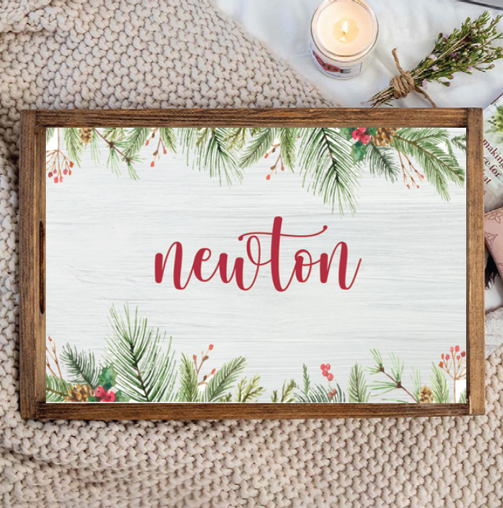 Holiday Wreath Personalized Wooden Serving Tray