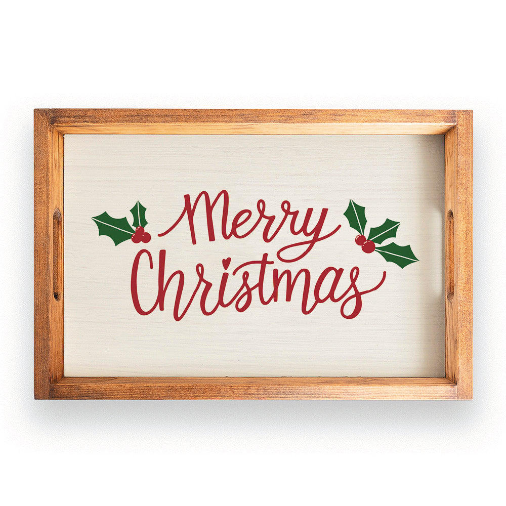 Merry Christmas Holly Leaves Wooden Serving Tray