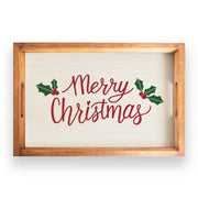 Merry Christmas Holly Leaves Wooden Serving Tray