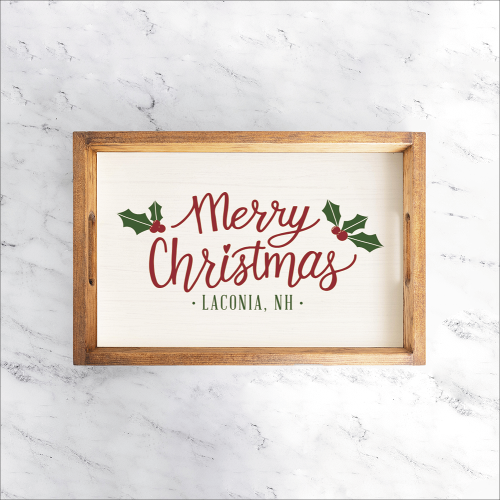 Merry Christmas Holly Leaves Personalized Wooden Serving Tray